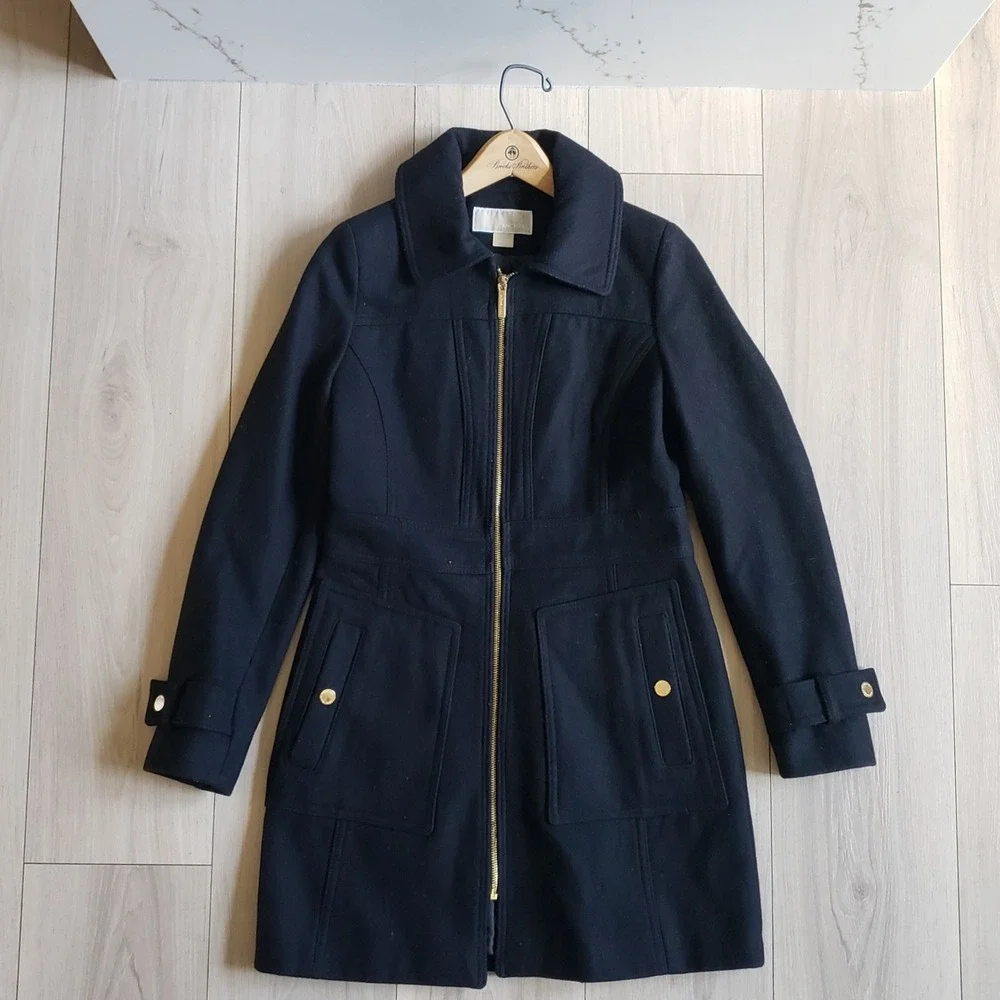 Michael Kors Coat Womens XS Black Wool Gold Zip Trench Jacket‎ Formal Topcoat